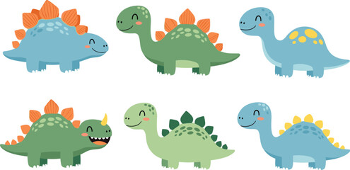 Cute cartoon dinosaur characters set with smiling prehistoric animals, colorful baby dino collection for kids vector illustration © Kharshad Creative