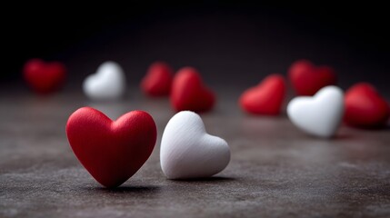 Fototapeta premium Textured red and white heart shapes artfully arranged on a dark surface under dramatic lighting