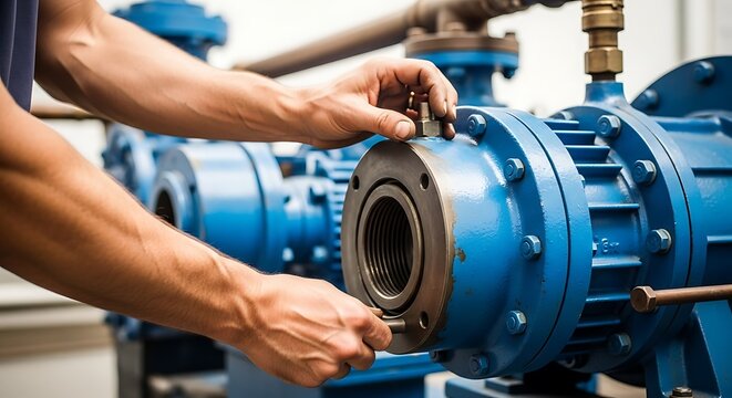 A person working on a large blue industrial pump with a wrench in a workshop or factory setting.