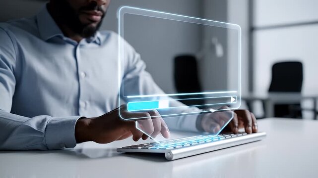 Medium close-up of a professional seated at a desk tapping a transparent video player interface with a play icon hovering above a keyboard, subtle finger interaction as the progress bar highlights, sl