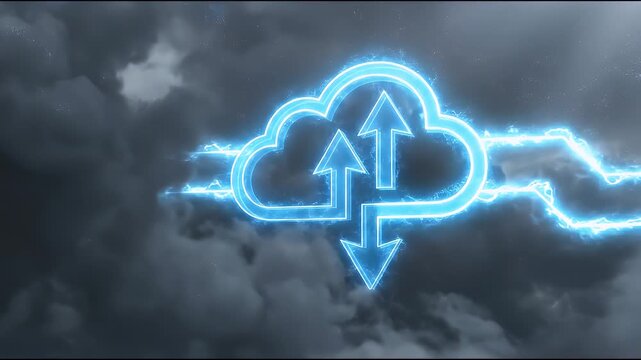 Cinematic view of glowing cloud icon with upward and downward arrows embedded in dark dramatic clouds, high contrast lighting with slow push-in emphasizing data transfer in realistic cloud technology 