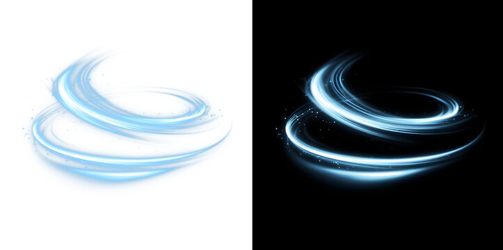 Blue Wind Swirl Crescent Light Trail, Transparent and Black Background Versions