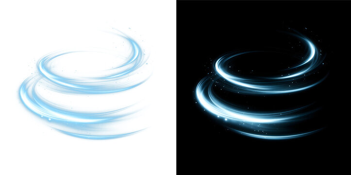 Blue Wind Swirl Rings Light Trail Overlay, Transparent and Black Background Versions