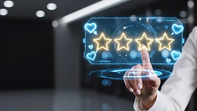 A hand submits star ratings through a holographic interface illustrating customer review submission and feedback mechanisms concept as A hand submits star ratings through a holographic interface illus