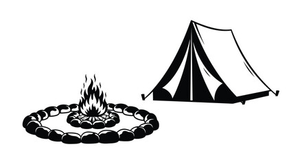 Camping scene with a tent and campfire stark black silhouette © MdGolam