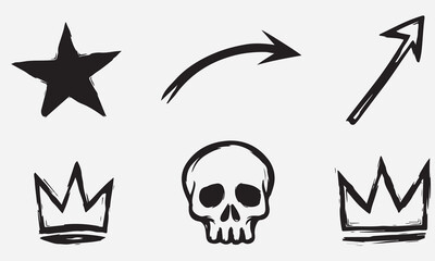 Fototapeta premium Black hand drawn star skull and two crowns with arrows on white background vector