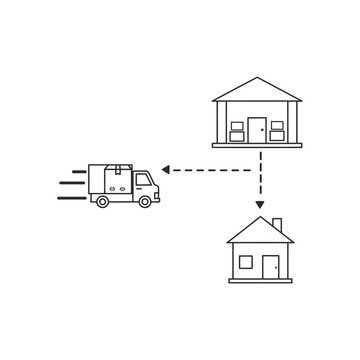 Delivery truck moving towards a large building and a smaller house, illustrating multi-stop delivery routes.