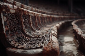 Heavily weathered stone tiers feature intricate carved details extending into a dark, blurred background
