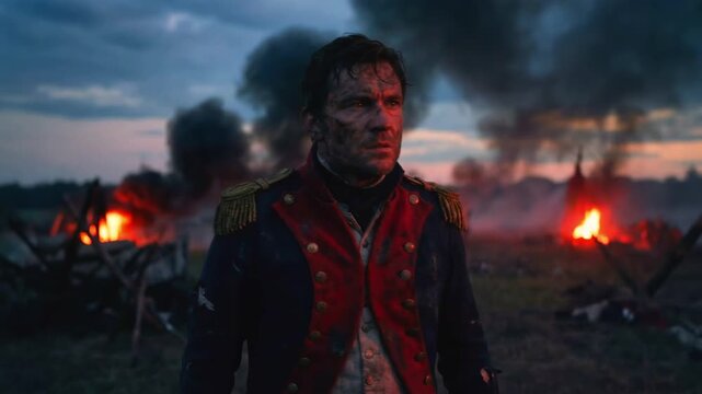 Wounded historical soldier in a dirty uniform stands in shock on a dark smoky battlefield with burning fires under an evening sky exploring themes of war trauma and military conflict