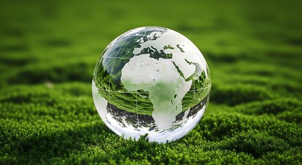 Glass globe on green grass representing eco friendly earth concept with clear transparent sphere