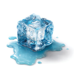 Obraz premium Melting blue ice cube with water droplets on white background