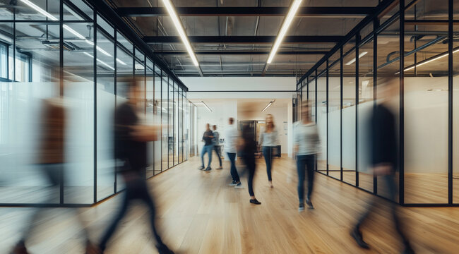 Blurry group moves in office corridor, conference room with glass wall shows business meeting, energetic teamwork environment.