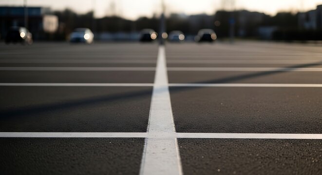 Empty parking lot with white lines and blurred background