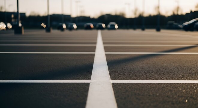 Empty parking spaces with painted lines and out of focus vehicles