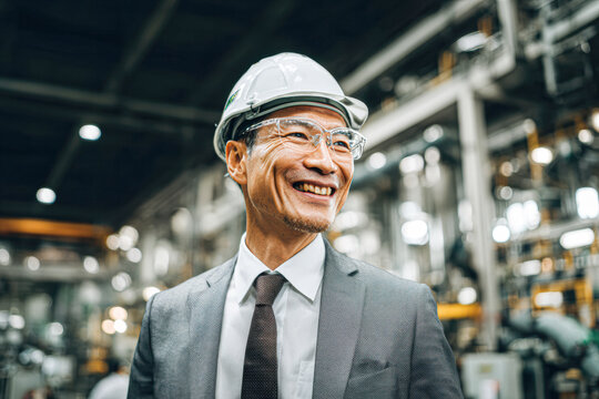 A smiling businessman wearing a suit, tie, safety glasses, and a white hard hat in an industrial factory setting.