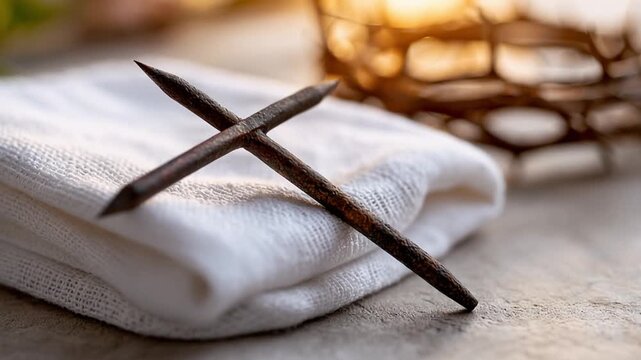Nails of the Holy Cross folded in a cross on a white cloth.