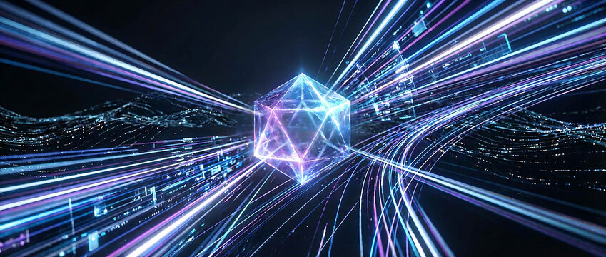 Futuristic consept of technology and innovation converging at high speed with energy and motion in a cityscape environment