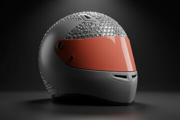 Dark grey motorcycle racing helmet with textured top and orange visor on black background, perfect for extreme sports banners, automotive safety blogs, or modern biker gear promotions