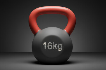 Black 16kg iron kettlebell with red handle on dark background, ideal for heavy strength training blogs, crossfit gym banners, or modern fitness workout motivation posters
