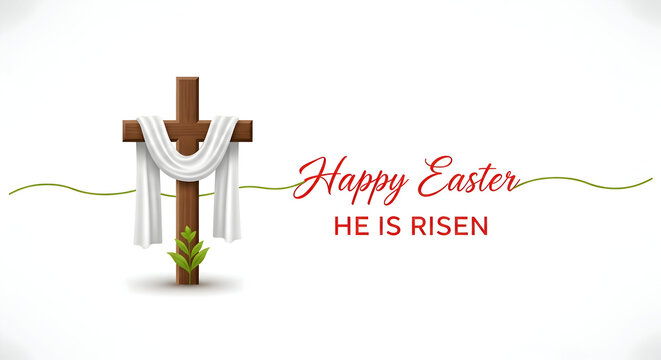 Religious Easter cross with draped cloth and green foliage, accompanied by 'Happy Easter' and 'He is Risen' text, symbolizing faith and renewal.