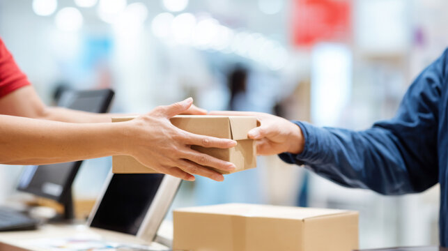Customer receives package from courier over counter, signifying successful delivery and streamlined order fulfillment process efficiently today.