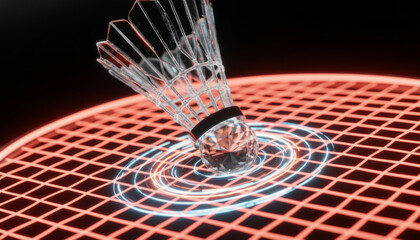 Glowing neon badminton racket hitting shuttlecock with digital impact rings illustrating futuristic sports technology, virtual gaming and cyber energy concepts