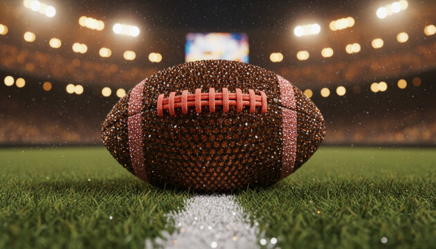 Brown glitter american football ball on grass field in stadium lights illustrating super bowl party, halftime show, sports championship celebration and nightlife entertainment concepts
