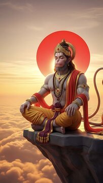 Serene Hanuman sitting on a cliff above the clouds at sunrise.