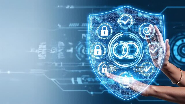 Pair of hands forming a shield with holographic locks and icons inside symbolizing security protection concept as Hands form a shield containing holographic locks and icons symbolizing comprehensive s