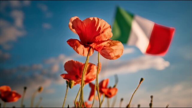 Striking field of red poppies with the Italian flag, symbolizing Liberation Day and Italy&rsquo;s historic resistance, perfect for editorial and commercial projects, featuring 25 April, featuring ANPI, feat
