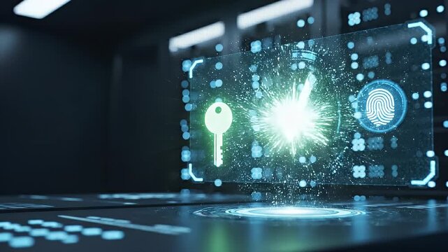 Floating holographic interface displaying secure login credentials symbolizing robust user authentication concept as A floating holographic interface displaying secure login credentials symbolizing ro