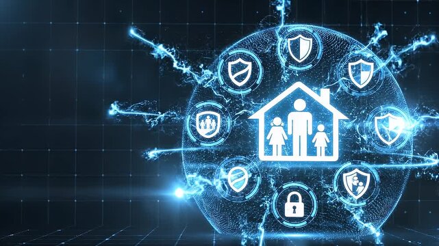 A glowing family icon surrounded by protection symbols representing family security systems and home safety measures concept as A glowing family icon is surrounded by protection symbols representing f