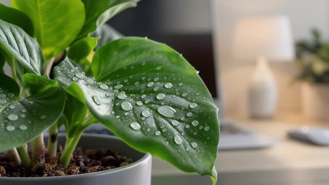 Rack focus from a dewy office plant to a tidy modern workstation in the background