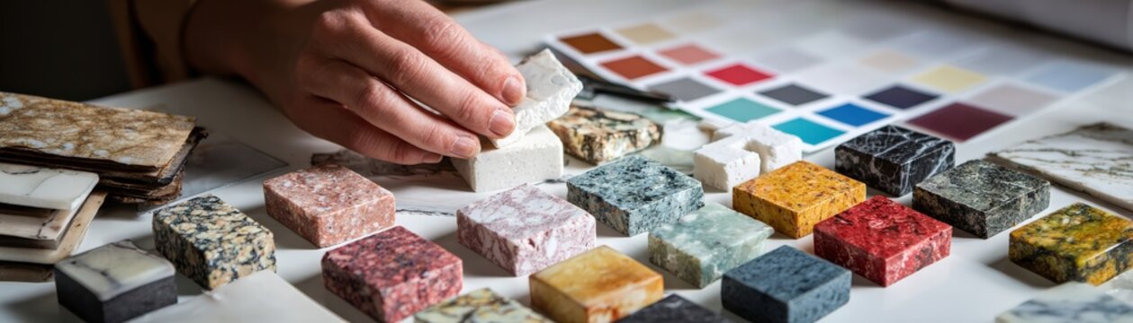 A person selects from an array of colorful stone and tile samples arranged neatly on a table, showcasing various patterns and textures.