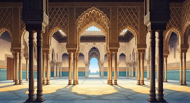 Ornate islamic archways and columns in grand hallway with natural light