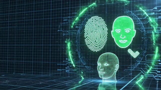 Holographic fingerprint and facial recognition icons being scanned within a digital interface symbolizing secure access and authentication concept as Holographic fingerprint and facial recognition ico