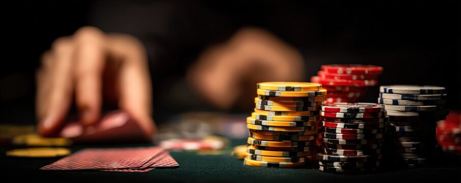 Stacks of colorful poker chips on a casino table with a blurred hand reaching for cards in the background.