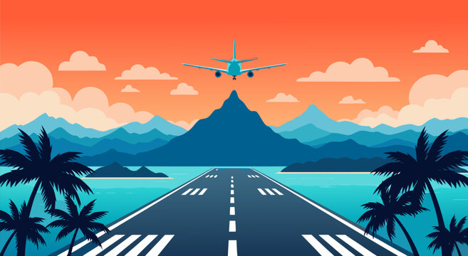 Amazing vector illustration of an airplane landing on a tropical island runway with palm trees and mountains during sunset