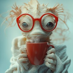 Adorable animal wearing glasses, holding mug, dressed in cozy sweater, sitting against soft background, showcasing whimsical and charming personality in playful indoor setting. atmosphere of comfort