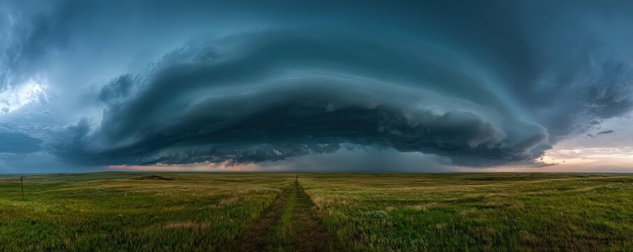 A massive, swirling supercell thunderstorm looms over an open grassy field at sunset, with dramatic cloud formations and a dirt path leading towards the horizon.