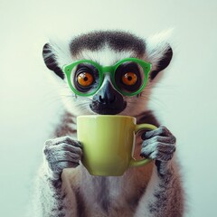 Adorable animal wearing glasses, holding mug, dressed in cozy sweater, sitting against soft background, showcasing whimsical and charming personality in playful indoor setting. atmosphere of comfort