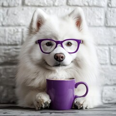 Adorable animal wearing glasses, holding mug, dressed in cozy sweater, sitting against soft background, showcasing whimsical and charming personality in playful indoor setting. atmosphere of comfort