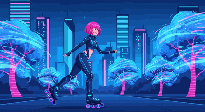 Dynamic rollerblading action of a woman with vibrant pink hair.
