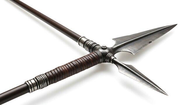 Double edged throwing spear with metal blade and wrapped wooden handle on white background