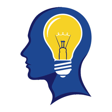 A blue silhouette of a human head with a lightbulb