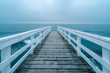 Fototapeta premium Ocean Pier with Railing – Minimal Seaside Background with Copy Space