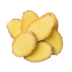 Fresh ginger slices isolated on white background for culinary use