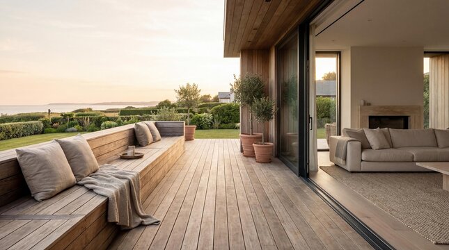 Refined wooden deck terrace with custom built-in seating