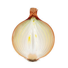 Half cut yellow onion with brown skin on white background