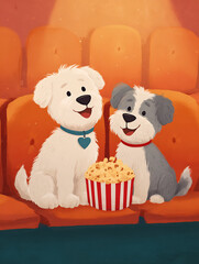 Cute Cartoon Dogs Watching Movie with Popcorn in Cinema &ndash; Adorable Pets Illustration
